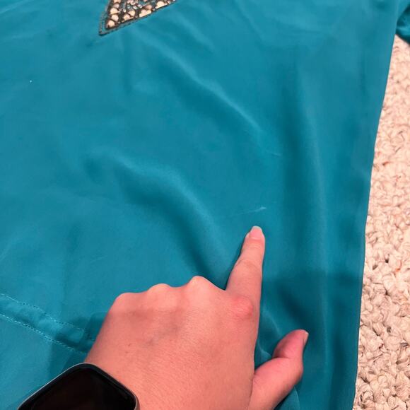 Boston Proper Teal Sheer Tunic Sz L Beaded Embellished Neckline Casual Boho - Picture 2 of 8